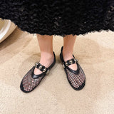 Breakj Button Net Large-Size Single-Shoe Women In The Spring Of 2025 New Flat Solid Color Ballet Shoes Hollow Fishing Net Shoes