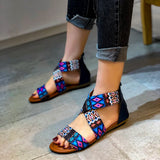 One Belt Sandals Women Summer 2022 Girl Sexy Cotton Fabric Zipper Gradiator Open-Toe Flat Rubber Outsole Shoes Size