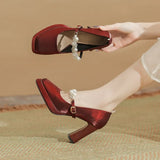 Square Head Thick Heel High Heels 2024 Spring French Pearl One Word Buckle Satin Wedding Shoes Bride