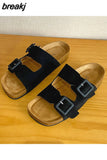 Size 35-40 Women Slippers Soft Leather Casual Low Heels Summer Shoes Woman 2023 Flats Sandals Buckle Platform