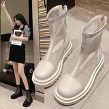 Mesh Boots Women Fashion Lace Up Ankle Boots Woman Shoes Black Sandals Hollow Breathable Zipper Socks Boots Square