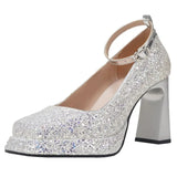 Heels Silver Wedding Shoes Women 2024 New Fashion Ankle Buckle Platform Pumps Woman Luxury Sequins Glitter Mary Jane