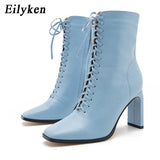 Size 35-42 Women Square Head Ankle Boots Fashion Cross Strap Square High Heels Winter Shoes Zipper Office Lady