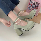 High Heels Mary Jane Shoes for Women 2023 Patent Leather Platform Pumps Woman Pearls Chain Thick-Heeled Shoes