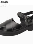 Size 35-40 Women Sandals Retro Rome Real Leather Low Heels Shoes For Women Summer 2023 Buckle Strap Platform