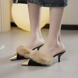 Sexy High Heels Women Fashion Fur Wedding Women Shoes 2023 New Suede Flip Flops Stiletto Pointed Toed Slippers