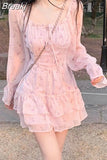 Summer Pink Floral Y2k Mini Dress Woman Sweet One Piece Dress Korean Fashion Chiffon Long Sleeve Short Party Dress