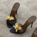 Breakj New Slippers Spring And Summer Golden Flowers Dotted With Female High Heels Sexy Fine Strip High Heel Slippers Women