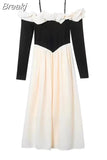 Sleeve Elegant Midi Dress Woman Casual Korean Fashion Evening Party Dress 2023 Autumn Patchwork Design Slim Vintage
