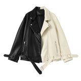 Spring Autumn Lapel Splicing Pu Leather Jacket Women Moto Frenulum Faux Soft Leather Coat Casual Loose Outwear With