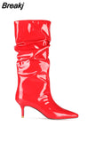 Women Mid-Calf Boots Sexy Solid Color Leather Folds Boots Pointed Toe Thin Heels Stiletto Party Shoes Large Size