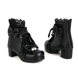 Womens Chunky Platform Ankle Boots Lolita Med Heel Lace Up Boots Sweet Bow Pearl Back Back Zipper Party Cosplay Shoes Pink