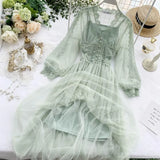 Sweet Tulle Long Dress Spring Summer High Waist Long Sleeve V Neck Polka Dot Bohemian Dress Female Slim Fairy