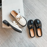 Leather Women's Summer Closed Toe Slippers Outer Wear Ladies Fashion Slip on Mules Shoes Low Heel Platform Beach