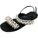 2025 New European Women's Shoes Pearl Sandals One-Word Buckle With Beads Toe Flat Sandals