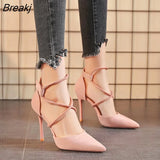 Women's Suede High Heels 9cm 2022Spring/Autumn Pointed Stiletto Sexy Black Wedding Shoes Nude Cross Tied Bukle Pumps Talon
