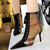 Shoes Women Boots Fashion Stiletto Ladies Ankle Boots Lattice Color Matching Short Boots Pointed Toe High-Heeled