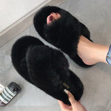 Winter Women House Furry Slippers Fashion Faux Fur Warm Comfortable Women Flats Female Home Slides Black Plush