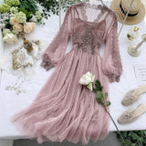 Sweet Tulle Long Dress Spring Summer High Waist Long Sleeve V Neck Polka Dot Bohemian Dress Female Slim Fairy