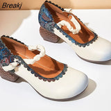 2023 Spring Flower Genuine Cow Leather Shoes Women Shoes Elegant Fashion Shoes Woman Retro Handmade Shoes High