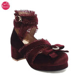 JK Fairy Lolita Shoes Flock Gold Velvet Bow Platform Mary Jane Cross Strap Pumps Gladiator Cosplay Party Red Green