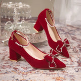 Pointed Toe Bride Shoes for Wedding 2023 Luxury Pearls Ankle Strap Flock Pumps Woman Bowknot Sqaure Heels Party Shoes