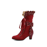 Winter Girls Lolita Faux Suede Mid-Calf Boots High Heel Ruffle Trim Japanese Princess Cosplay Party Shoes Vintage Sweet
