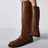 Women Knee High Boots Full Cow Leather Warm Black Fashion New Thick Bottom Motorcycle Boots Punk Shoes Woman High