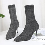 Spring Autumn Sexy Sock Pointed Boots Large Size 42 High Heels for Women Fashion 7cm Glamour Black Ankle Boots