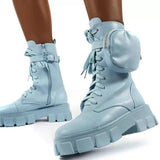 2020 Autumn Winter Bootie Pocket Buckle Strap Pink Chunky Boots Leather Patchwork Arrival Platform Boots Mid-calf