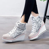 Spring Autumn Women's Shoes Pink Black Silver Glitter Vulcanize Shoes Woman Platform Wedge Sneakers Casual Zapatos De