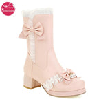 2021 Autumn Winter Cosplay Mid Long Boots Women Pink White Black Princess Ruffles Butterfly-knot Chunky Hees Lolita JK