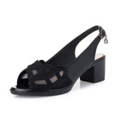 Women's Sandals Summer Mesh Fish Mouth Chunky Heel Semi-High Heeled Hollow Out Soft Bottom Mom Shoes Zapatos Para