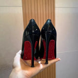 Breakj 2025 New Red Bottom Water Drill Sister Fine Heel Black Single Shoe Tip Patent Skin Masculinity Women's