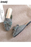 Crystal Ladies Slippers Mules Slides Slippers Women Shoes Bow Knot Square toe Square Flat Shoes Woman