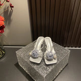 Breakj Summer New High-Heeled Shoes Retro Square Head Hollow Sandals Pearl Flowers Half Slippers