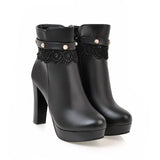 2022 Sweet Ankle Boots Lolita Appliques Platform Super High Heel Pearl Rivet Lace Cosplay Thick Sole Shoes Pink White Red