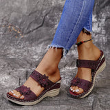 2022 summer ladies casual shoes retro flower fish mouth sandals ladies rhinestone mid-heel wedge sandals open toe large
