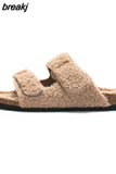 New Winter Plush Inside Women Slipper Casual Fashion Home Buckle Artificial Fur Slip on Soft Slides