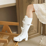Women Platform Vintage Lolita Boots Cosplay Chunky Heel Cute Bow Shoes Round Toe Mid-Calf Kawaii Cross-Tied Princess