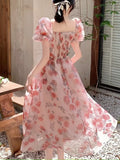 Floral Midi Dress Beach Style 2023 Summer Short Sleeve Elegant Dress Woman Boho Casual One Piece Dress Korean