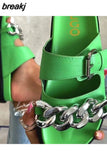 Summer Women Metal Chains Slipper Open Toe Runway Ladies Green Black White Med Heel Slides Shoes Peep Toe