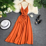 Maldives Holiday Dress Sexy Backless Straps V-neck Dress Women Solid Color Thai Seaside Maxi Long Big Swing Fairy