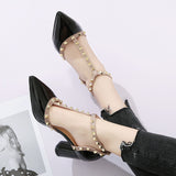 Summer Footwear High Heels T Strap Rivet Pumps Chunky Heels Sandal Patent Leather Dress White Wedding Shoes Ladies