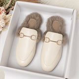 Breakj Half Slippers Woman 2025 Winter Real Rabbit Hair Round Head Lazy Man One Foot Outside Wearing Flat-Soled Muller Shoes Large-Size