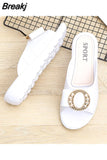 Ladies Sandals Summer Half Slippers Women's Fashion Square Buckle Casual Thick Heel Outer Wear Flat Sandals Slip on