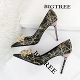 Breakj Sexy Banquet High Heels Fine Heel High Heels Shallow Pointed Pearl Flowers Rhinestone Women's Shoes Single