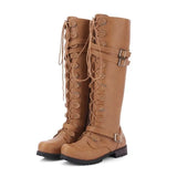 Breakj Boots Round Head Belt Buckle Flat-Bottomed Long Boots Women Autumn And Winter New Rivet Tie With High-Spring Knight