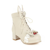 Vintage Girls Japanese Lolita Ankle Boots Women Cute Bow Princess Shoes Ladies Rabbit Ear Square Heel JK Uniform Colsplay