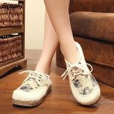 Wash Painting Womens Linen Cotton Sneakers Comfortable Low Top Lace up Flat Shoes Ladies Breathable Walking